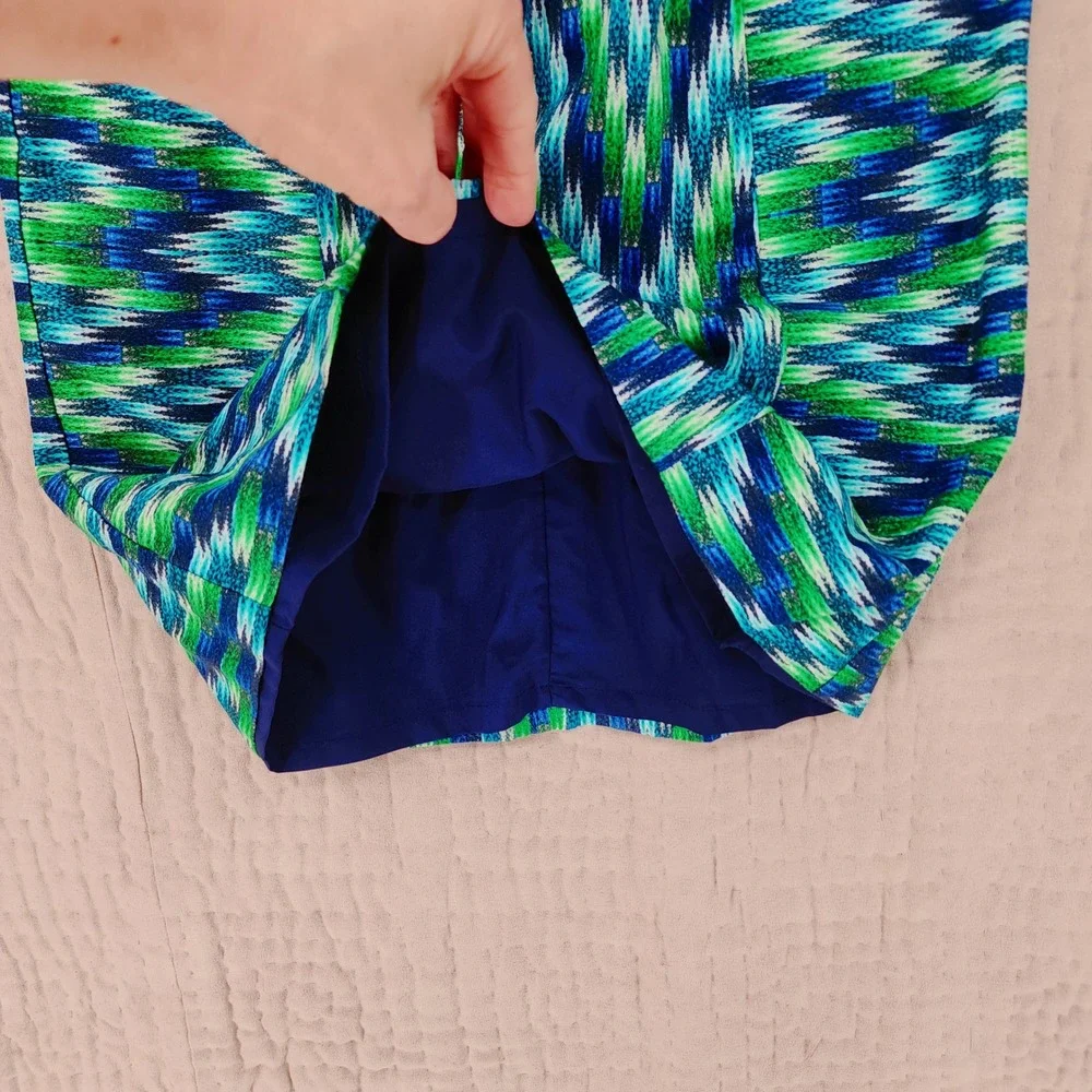 Milly Sheath Dress 2 Blue Green Abstract Peplum Geometric Sleeveless Mini Y3K